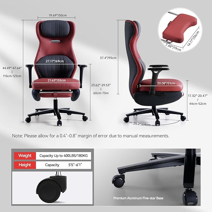 EMIAH Ergonomic Office Chair with Foot Rest Reclining Office Chair with Adjustable Arms and Headrest High Back Gaming Chair with Lumbar Support, PU Leather(Red)
