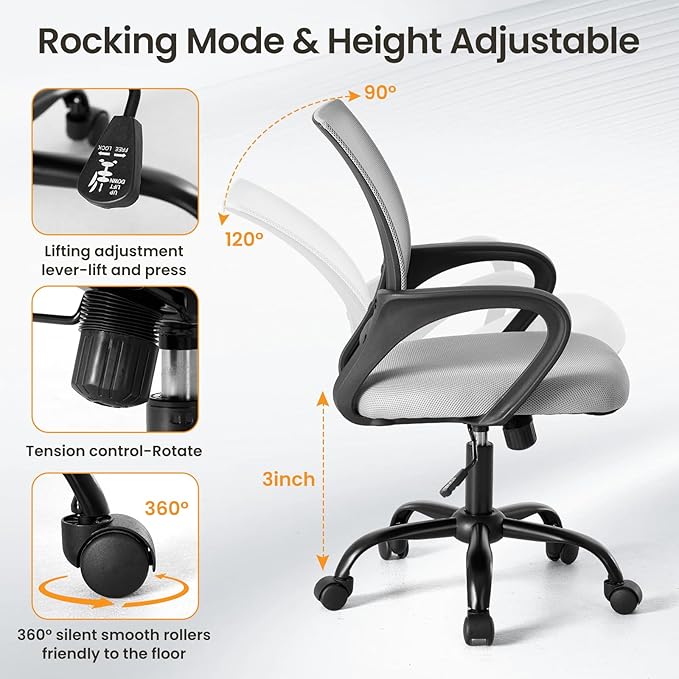 NEWBULIG Computer Desk Office Chair, Ergonomic Mid-Back Swivel Rolling Chair with Breathable Backrest and Lumbar Support Wheels, Mesh Office Chairs for Adults Home Task Gaming, Gray 2 Pack