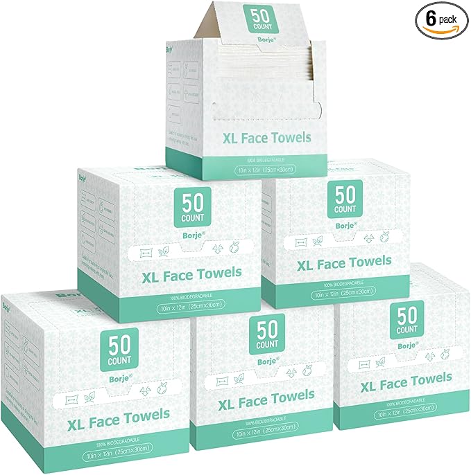 Borje Face Towels XL, Thick Disposable Face Towel 10" x 12", 300 Count (6 Packs of 50), 100% USDA Biobased Facial Towelettes, Ultra Soft Makeup Remover Dry Wipes for Women Cleansing