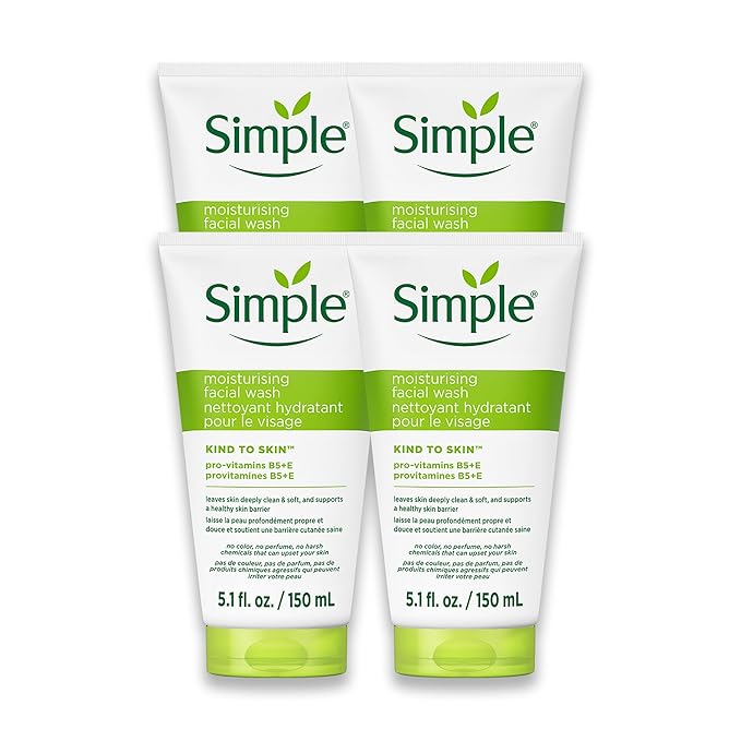 Simple Kind To Skin Moisturizing Face Wash - Facial Cleanser with Vitamin B5 and E - Removes Oil, Dirt, and Other Impurities - Sulfate Free - 4 pc