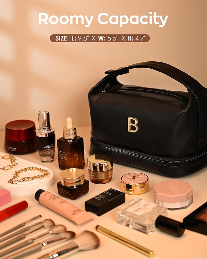 Girly Gifts, Makeup Bags Personalized Bags with Handle, Waterproof Double Layer Cosmetic Bag, Large Capacity PU Leather Makeup Bags Letter Travel Toiletry Bag with Makeup Brush Organizer