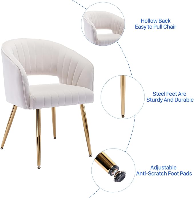 Home Office Chair Velvet Desk Chair Accent Armchair Upholstered Modern Tufted Chairs with Gold Legs for Girls Women Ergonomic Study Seat Computer Task Stools for Living Room(Cream)