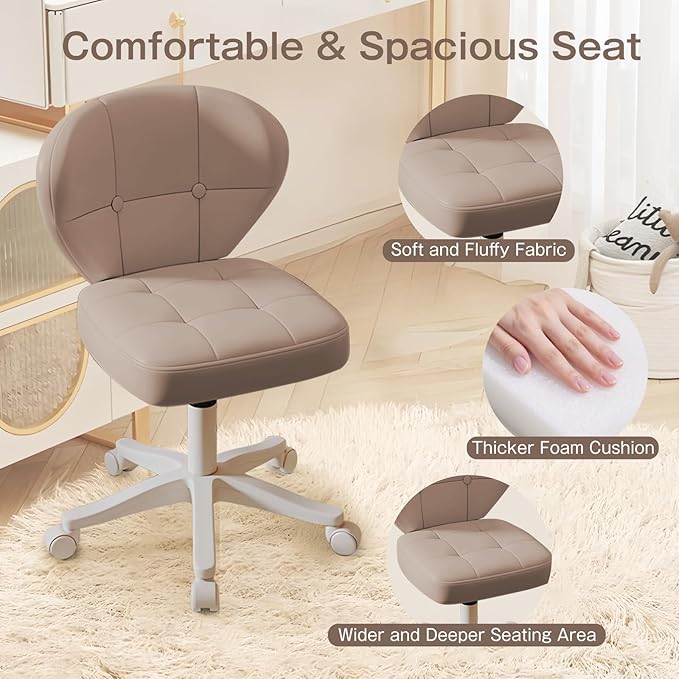 Vanity Chair with Back – Small Armless Office Chair with Wheels, Lumbar Support, PU Leather, Adjustable Height, 360° Swivel for Home, Bedroom, Office Khaki Set of 2