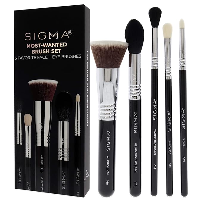 Sigma Beauty Most-Wanted Brush Set — Set of 5 Favorite Makeup Brushes for Foundation, Highlighter, Eyeshadow, Pencil Liner, and Blending (5 pcs)