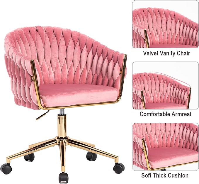 Cute Velvet Office Chair with Back and Golden Wheels, 360° Swivel Small Office Desk Chair Makeup Vanity Chair for Bedroom, Pink Rolling Chair