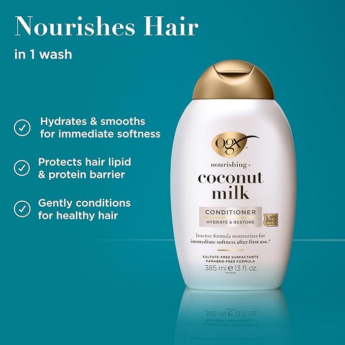 OGX Nourishing + Coconut Milk Conditioner, Hydrating & Restoring Conditioner Moisturizes for Soft Hair After the First Use, Parabens-Free, Sulfate-Free Surfactants, 13 fl. Oz