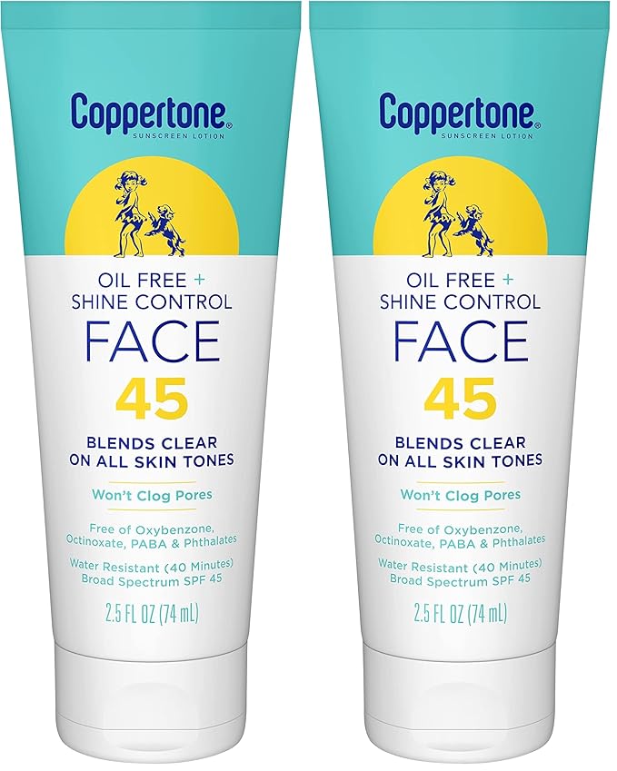Coppertone Oil Free + Shine Control Sunscreen Face Lotion SPF 45,Lightweight Sunscreen for All Skin Tones,Won't Clog Pores,Fragrance Free,2.5 Fl Oz Tube,(Pack of 2)