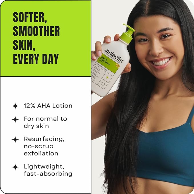 AmLactin Daily Nourish Therapeutic Body Lotion for Dry Skin - No-Scrub Exfoliator and Moisturizer - AmLactin 12% Lactic Acid Lotion, 7.9 oz (Packaging May Vary)