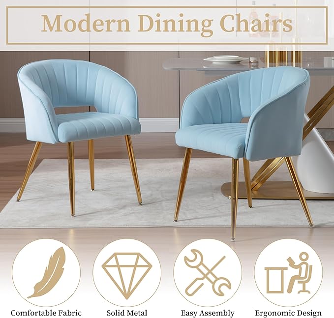 Westice Velvet Home Office Desk Chair Set of 1, Modern Tufted Vanity Chairs with Gold Metal Legs, Upholstered Accent Armchair for Living Room Restaurant, Light Blue