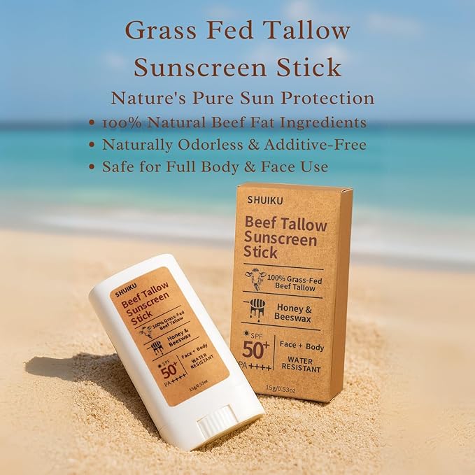 Beef Tallow Sunscreen Organic Stick SPF 50 – Non Nano Zinc Oxide Tallow-Based Mineral Sunscreen with Honey & Beeswax for Face & Body, Water-Resistant Natural Sunblock, 0.53 oz