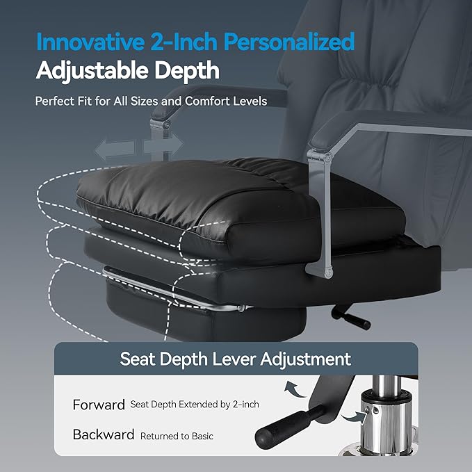 M76 160° Reclining Executive Office Chair with Footrest, Adjustable Seat Depth, 10" Thick Cloud Cushion Desk Chair, 420lb Heavy Duty High Back Leather Desk Chair for Home Office, Black