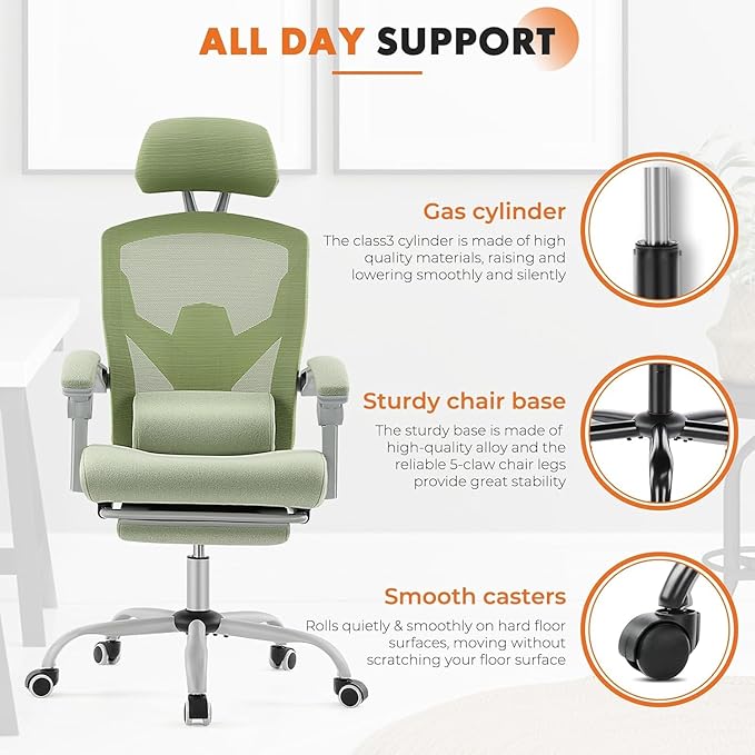 Sweetcrispy Office Computer Desk Chair Set of 2, Ergonomic High-Back Mesh Rolling Work Swivel Chairs with Wheels, Comfortable Lumbar Support, Comfy Arms for Home, Bedroom, Study, Student, Green