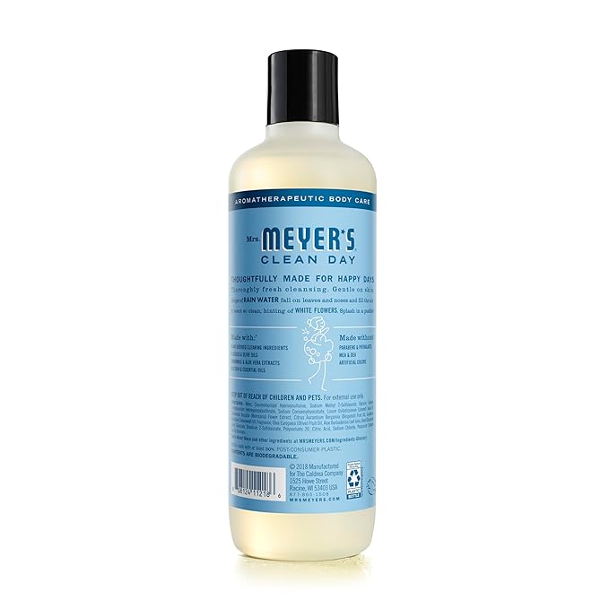 Mrs. MEYER'S CLEAN DAY Moisturizing Body Wash for Women and Men, Shower Gel Formula Made with Essential Oils, Rain Water, 16 oz (Pack of 2)
