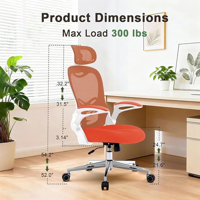Office Chair, Ergonomic Breathable Mesh Chair,Flip-Up Arms and Adjustable High Back Lumbar Support,Comfy Computer Chair for Home Office (Orange, 407)