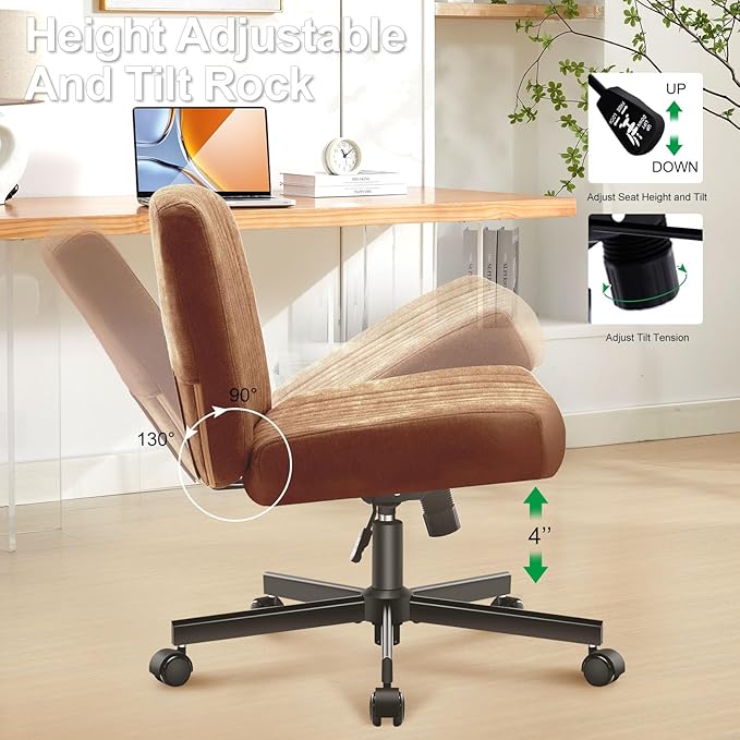 Criss Cross Chair with Wheels,Thick Padded Fabric Cross Legged Office Desk Chair with Pocket Spring Cushion,Dual-Purpose Base,Wide Adjustable Computer Home Office Vanity Chair,Brown