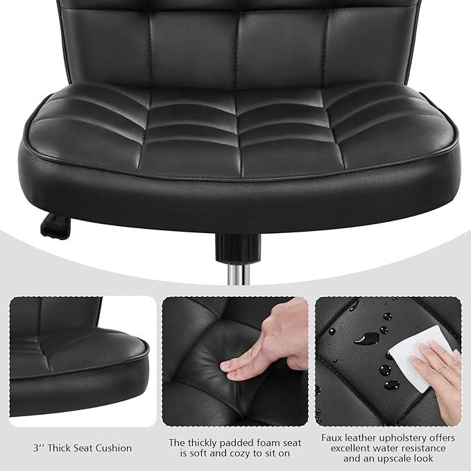 Yaheetech Modern Tufted Armless Desk Office Chair Faux Leather Upholstered Computer Chair with Adjustable Seat Height and Rolling Wheels for Home/Office, Black