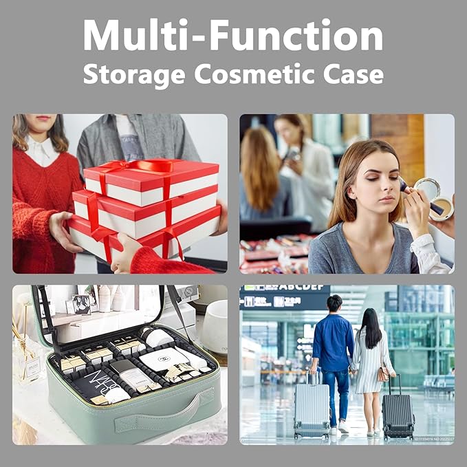 Makeup Bag with Mirror,with Mirror 3 Color Setting and Detachable 10x Magnifying Mirror Large Vanity Makeup Cases,Portable Storage and Adjustable Dividers, for Women and Makeup Artists-Black