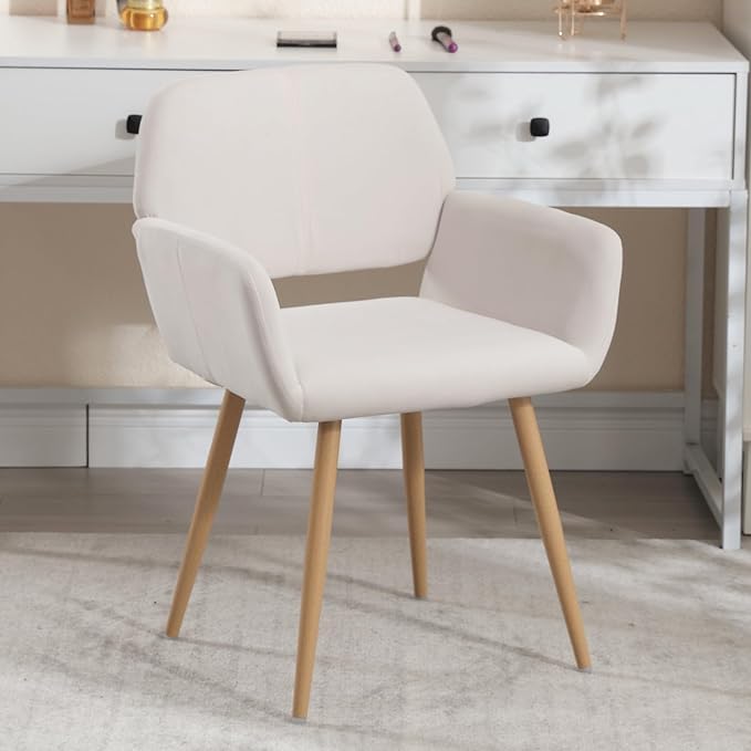 Home Office Velvet Desk Chair, Makeup Vanity Chair, Comfy Accent Armchair with Wood Grain Metal Legs, Cute Dining Chair with Hollowed Back, Beige