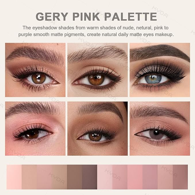 KYDA 12 Colors Grey Pink Eyeshadow Palette with Brush, High Pigment Matte Shimmer Pink Brown Eye Shadow, Netural Brown Eyes Palette for Women, Soft Blendable Powder Eyeshadow, Korean Eyes Makeup