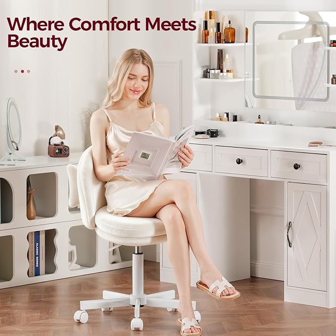 GTPLAYER Velvet Tall Office Chair with Wheels Vanity Chairs with Back, Versatile Height Use: Office to Bar Stools Small Ergonomic Comfy Armlees Computer Desk Chair with Bow Lumbar Pillow for Gift