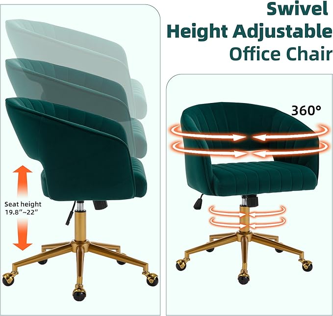 Westice Home Office Desk Chairs, Modern Velvet Rolling Chair, Height Adjustable Swivel Vanity Chair with Metal Base, Ergonomic Chair for Study, Living Room Computer Room, Green