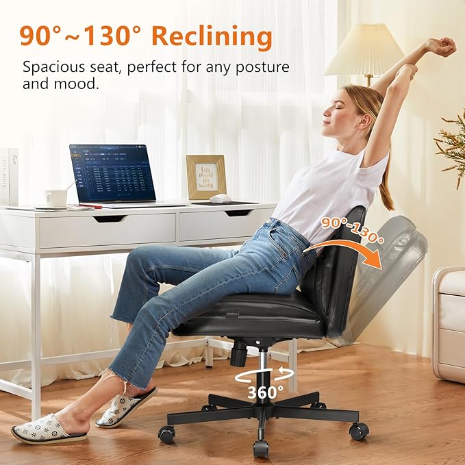 COMHOMA Criss Cross Chair with Wheels Armless Cross Legged Office Chair Wide Home Office Desk Chair Swivel Comfy Vanity Desk Chair Height Adjustable Mid Back Wide Seat Computer Task Chair