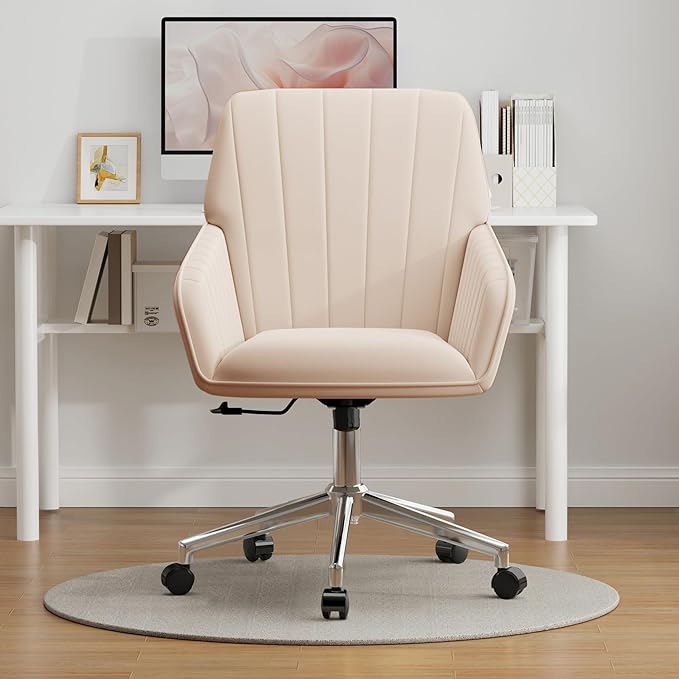 YISHENG Velvet Office Desk Chair with Silver Base, with Wheels,Modern Height Adjustable 360 Degree Swivel Upholstered Vanity Chairs with Arms for Living Room Bedroom,Khaki