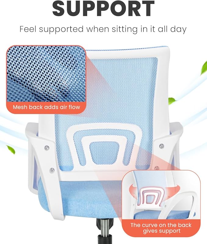 NEO CHAIR Office Desk Computer Chair Ergonomic Mesh Gaming Mid Back Seat with Comfy Lumbar Support Adjustable Height Swivel for Home Task (Sky Blue)