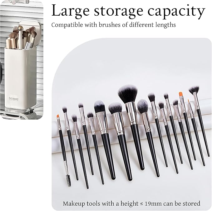 Automatic Lifting Makeup Brush Holder with Lid Dustproof Cosmetic Organizers for Vanity-White