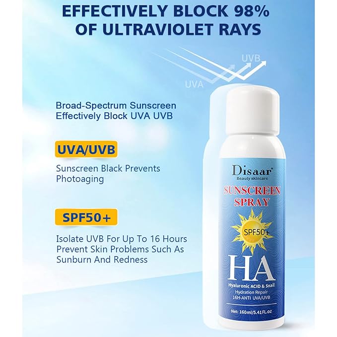 DISAAR BEAUTY Sunscreen Spray SPF50+ HA Hyaluronic Acid Snail Hydration Repair UVA/UVB 160ml/5.41oz