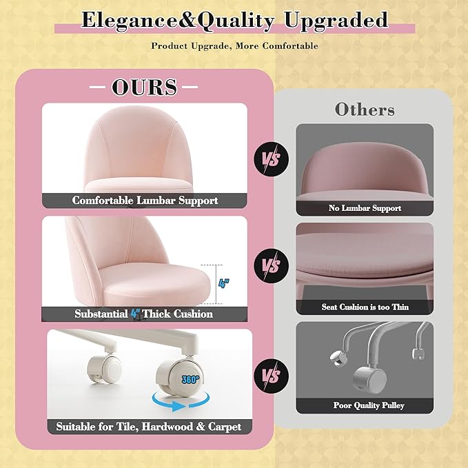 EnHomee Vanity Chair with Wheels, Pink Desk Chair with Back, Small Office Chair Armless for Makeup Room, Bedroom, Home Office