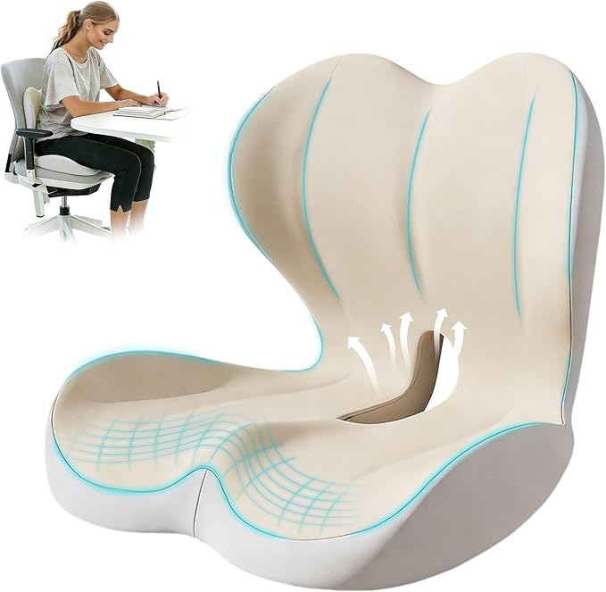 Seat Cushion for Office Chair and Car, Lumbar Support Pillow for Office Chair, Memory Foam Ergonomic Seat Cushion for Long Sitting, Back & Tailbone Pain, Sciatica - Beige & Gray