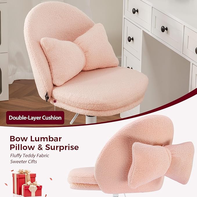 GTPLAYER Velvet Tall Office Chair with Wheels Vanity Chairs with Back, Versatile Height Use: Office to Bar Stools Small Ergonomic Comfy Armlees Computer Desk Chair with Bow Lumbar Pillow for Gift