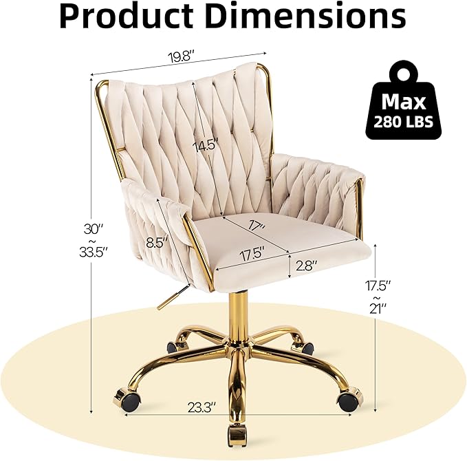 ABET Velvet Desk Chair with Wheels, Cute Upholstered Swivel Office Chair, Modern Gold Rolling Hand Woven Height Adjustable Armchair for Women Girls Home Makeup, Vanity, Nail Salon, Beige
