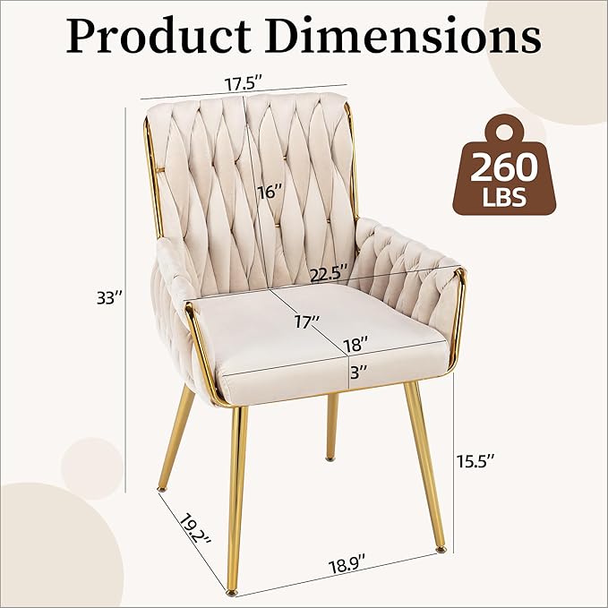 Westice Home Office Desk Chair 1PC, Upholstered Hand Weaving Desk Chairs with Golden Metal Legs & Armrest, Modern Accent Chairs for Dining Room, Living Room, Kitchen, Vanity, Beige