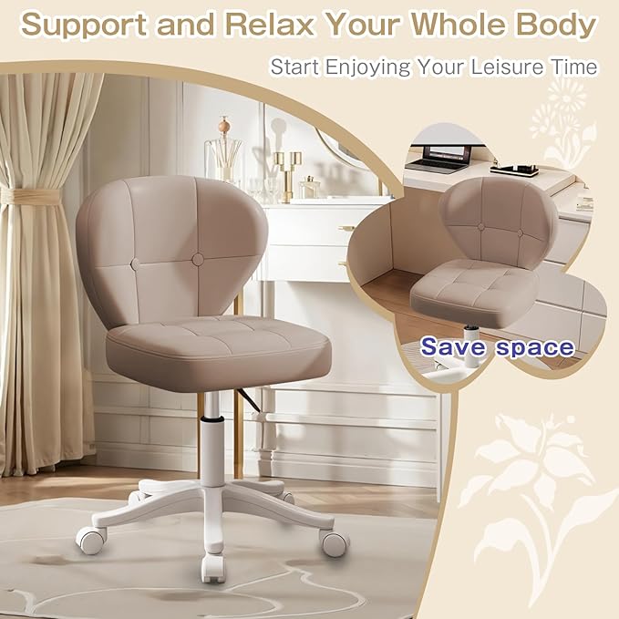 Vanity Chair with Back – Small Armless Office Chair with Wheels, Lumbar Support, PU Leather, Adjustable Height, 360° Swivel for Home, Bedroom, Office (Khaki Set of 1)