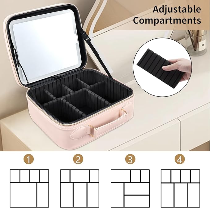Travel Makeup Bag with LED Mirror 3 Color Modes,10.2-in Pink Vegan Leather Makeup Organizer Bag with Adjustable EVA Dividers and Independent Brush Panel
