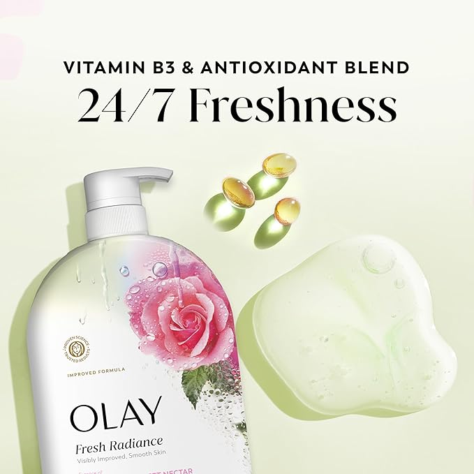 Olay Body Wash for Women, Fresh Radiance, 24/7 Skin-Loving Freshness, Visibly Radiant, Plant Based Cleansers, Vitamin B3 & Antioxidant Blend, All Skin Types, Rose Water & Sweet Nectar Scent, 35 fl oz