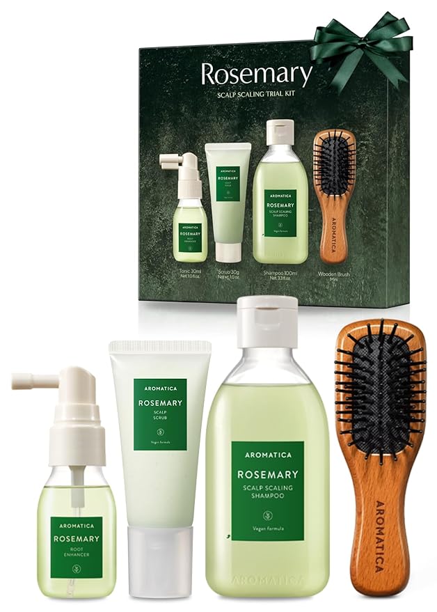 AROMATICA Rosemary Scalp Scaling Trial Kit - Travel Size Korean Hair Care Kit for Women with Mini Wooden Brush, Gentle Exfoliating Scalp Care for Hair Growth Product, with Rosemary Oil & Vegan Formula