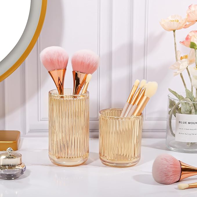 DASITON Makeup Brush Holder Organizer, Crystal Glass Makeup Brushes Storage Holder, Vintage Make Up Brush Cup for Vanity, Pen Pencil Holder for Desk, Toothbrush Holders for Bathroom (Coffee SL)