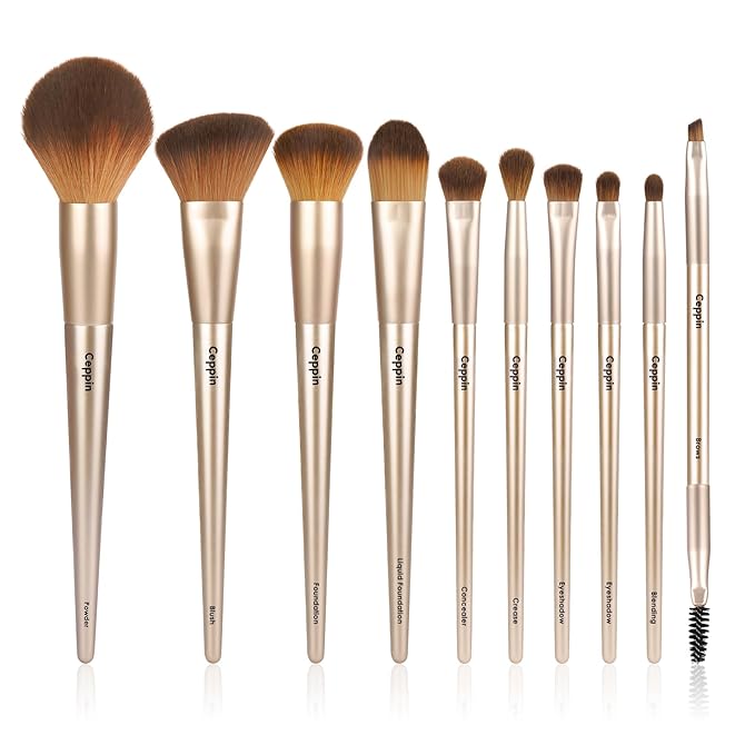 Professional Makeup Brushes 10Pcs, Premium Synthetic Make Up Brush Set, Powder Foundation Contour Blush Concealer Eye Shadow Blending Liner Makeup Brush Kit (Golden)