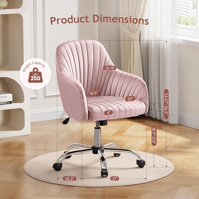 Warmiehomy Desk Chair, Velvet Office Chair for Home Office, Comfy Vanity Chair, Girl Cute Makeup Chair with Arm Rest for Bedroom Dressing Room, Pink