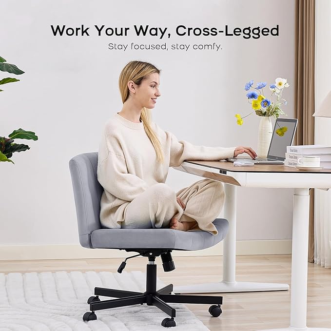 LukkDys Criss Cross Chair with Wheels, Wide Cross Legged Desk Chair, Comfy Fabric Vanity Chair for Home Office Bedroom, Adjustable Armless Swivel Task Chair with 90–115° Tilt, Gray