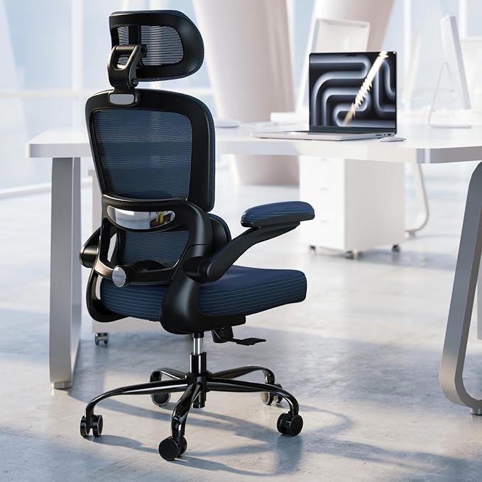 TRALT Ergonomic Office Chair - Desk Chair with Adjustable Headrest Lumbar Support Computer Chair - Mesh Comfy Chair with Flip-up Armrests - Gaming Chairs for Adults Home Office (Leather, Navy Blue)