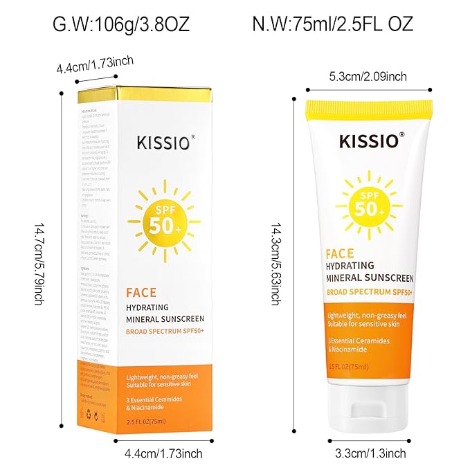 KISSIO Sunscreen For Face,with Zinc Oxide and Titanium Dioxide,Broad Spectrum Sunscreen,SPF 50,Hydrating Mineral,Non-greasy,Suitable for Sensitive Skin,2.5 FL OZ