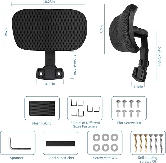 Office Chair Mesh Headrest Attachment Universal, Adjustable & Detachable Ergonomic Neck Support Cushion Clip On, Breathable Mesh Head Pillow Detachable (Sponge, Black)