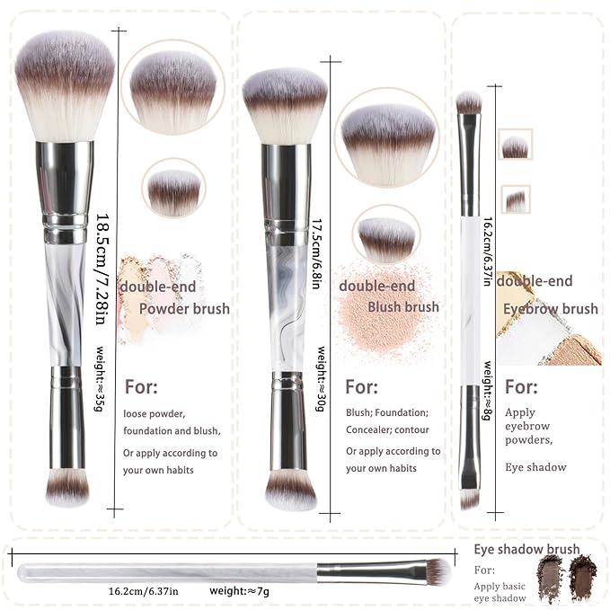 Grey Makeup Brushes set, 4 Dual-Ended Brushes, 3 Makeup Sponges & 1 Metal Stand, Professional Complete Cosmetic Brush Set, for Foundation Powder Blush Eyeshadow