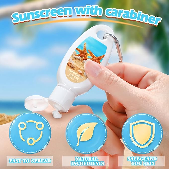 Leelosp 30 Pcs Mini Sunscreen with Carabiner Bulk Travel Size 1 Fl. oz. Spf 30 Water Resistant Mini Sunblock Lotion Keychain Summer Beach Vacation Gift for Wedding Guest Bridal Shower Party Favor
