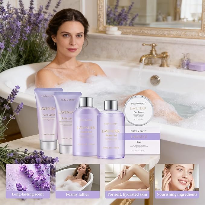 BODY & EARTH Bath and Body Gift Set - 6 Pcs Lavender Bath Kit for Women Spa Set, Perfect Birthday, Mother's Day Gift Set for Women Includes Bubble Bath, Shower Gel, Body Lotion