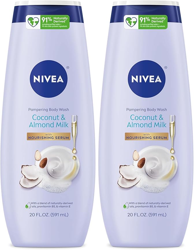 NIVEA Pampering Coconut and Almond Milk Body Wash with Nourishing Serum, Moisturizing Body Wash for Women, Enriched with Provitamin B5 and Vitamin E, 20 Fl Oz Bottle (Pack of 2)